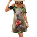 courte à épaules dénudées et manches à volants, motif capybara mangeant des fraises, robe de plage
