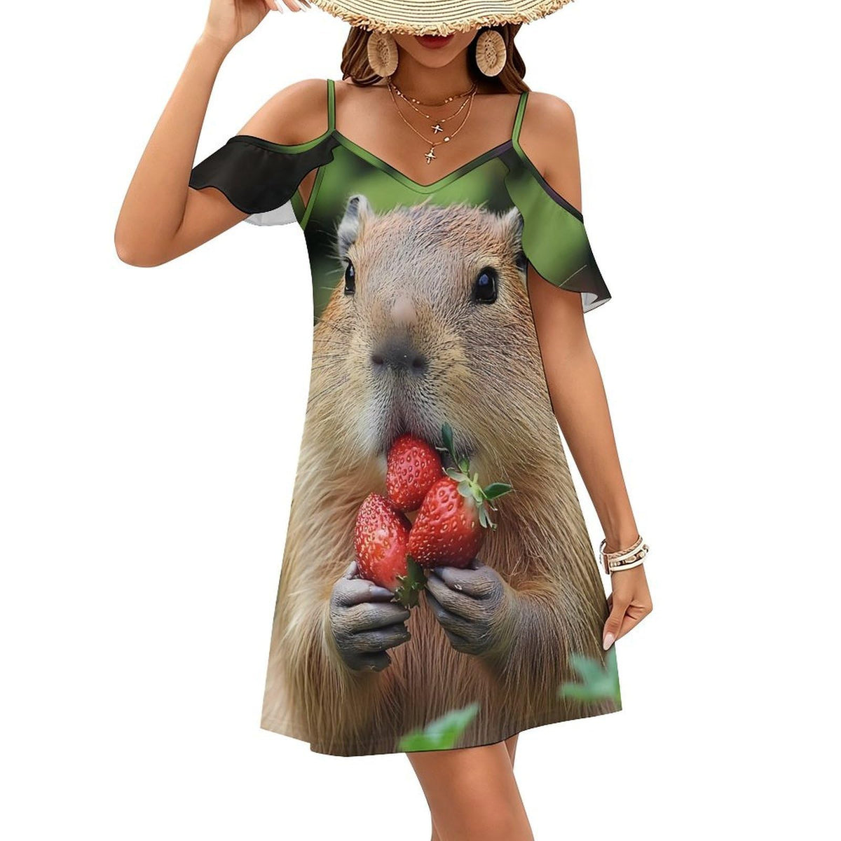 courte à épaules dénudées et manches à volants, motif capybara mangeant des fraises, robe de plage
